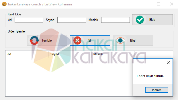 ListView seçilmiş kaydı silme.